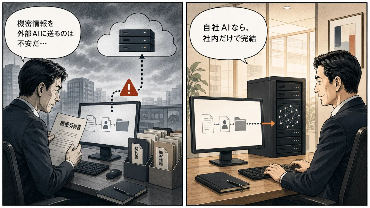 機密情報を外部AIへ送る不安と、自社AIサーバーなら社内だけで処理が完結することを描いた2コマ漫画