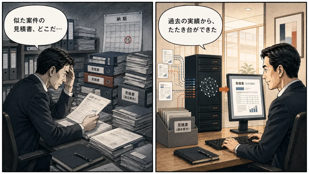 過去の見積書を探す手間と、自社AIが過去実績から新しい見積もりのたたき台を作る様子を描いた2コマ漫画